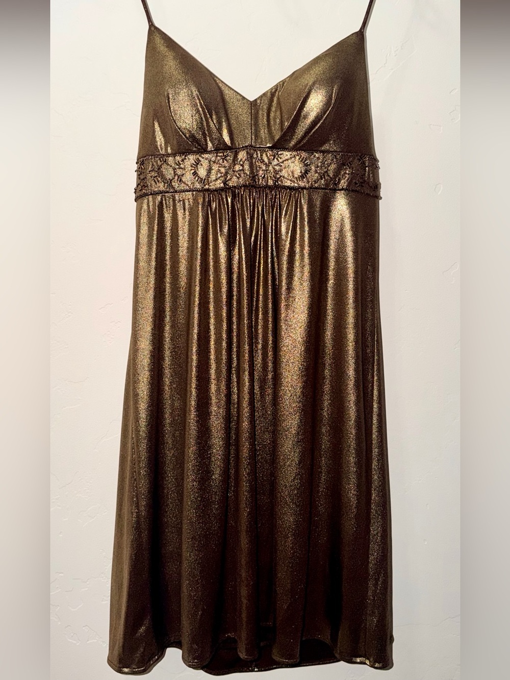 Oleg Cassini Y2K Metallic Bronze Gold Beaded Empire Waist Cocktail Dress Size 6